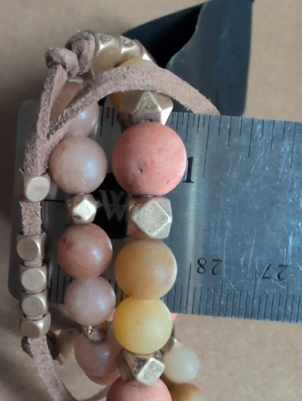 Peach & Cream Beaded Stretch Bracelet Trio with Gold Accents
